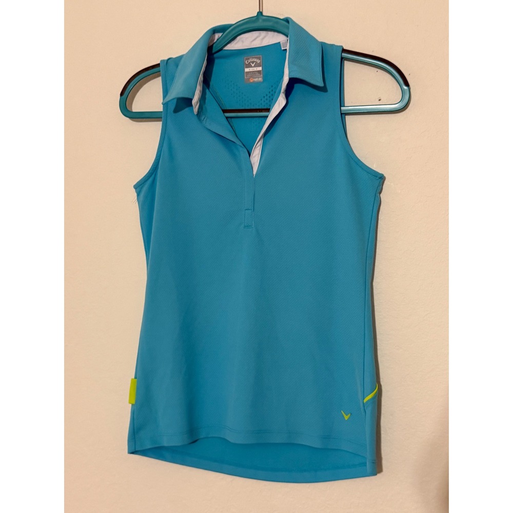 Callaway Womens Opti-Dri Sleeveless Golf Polo Shirt Blue Neon Yellow Small
